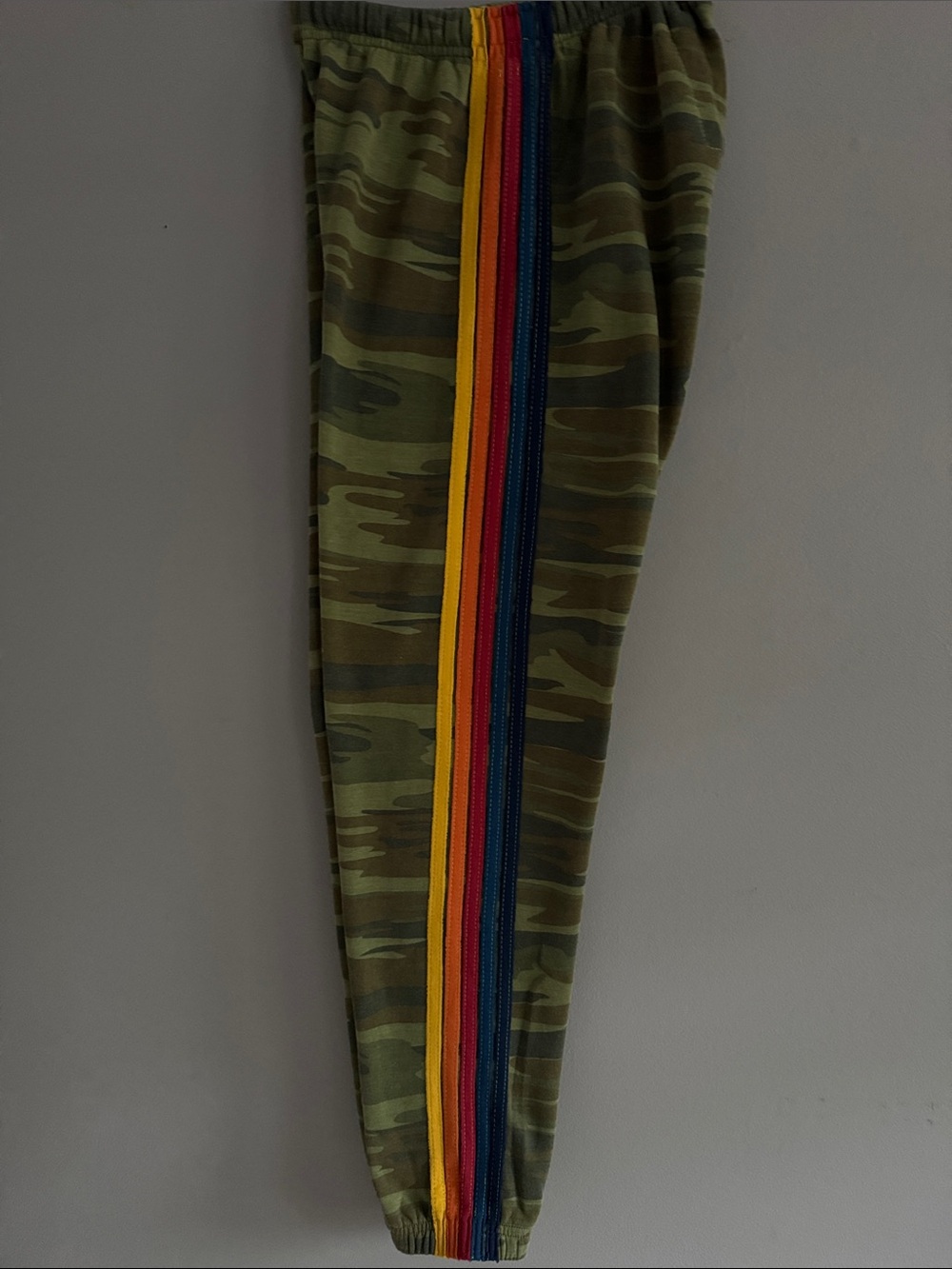 Aviator Nation Green Camo Joggers with Rainbow Side Stripe